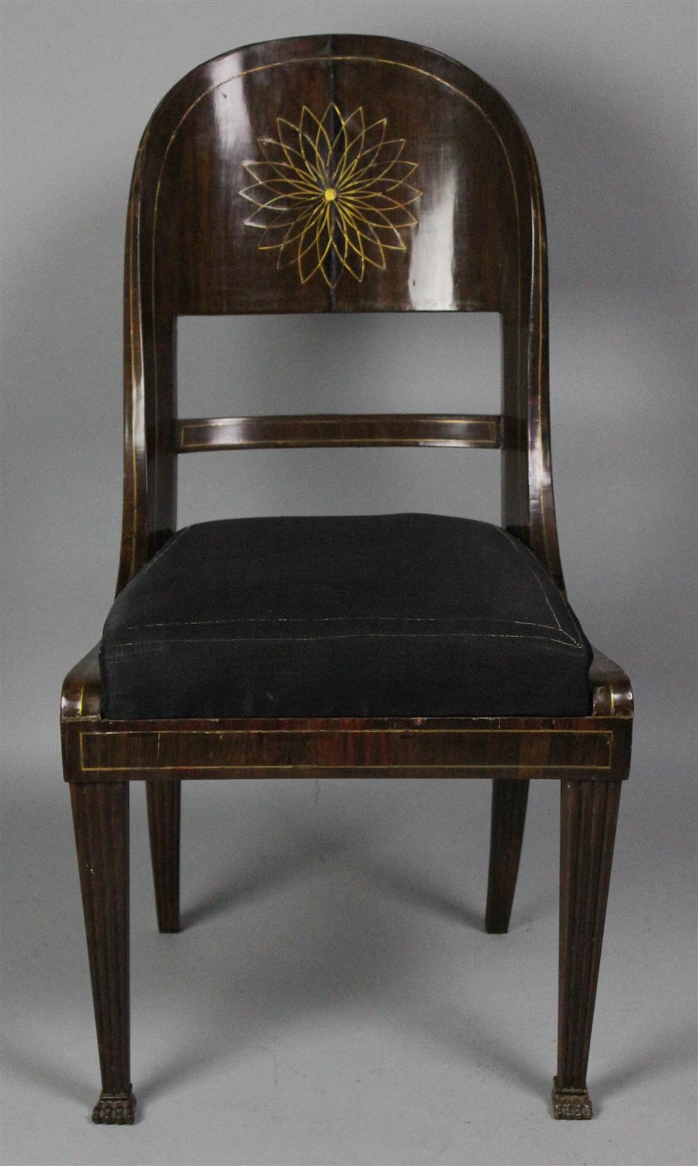 Appraisal: RUSSIAN NEOCLASSICAL BRASS INLAID ROSEWOOD GONDOLA-FORM SIDE CHAIR MID- TH