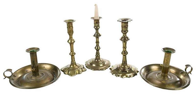 Appraisal: Pair Brass Chambersticks Three Candlesticks British th century two similar