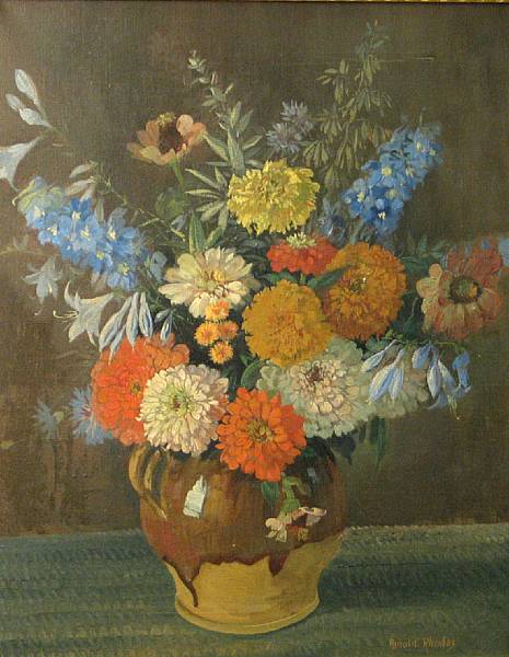 Appraisal: Arnold Rhodes American th Century A still life of zinnias