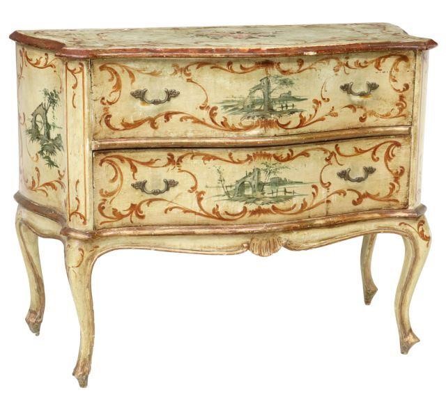 Appraisal: Venetian paint decorated commode early th c serpentine-front case fitted