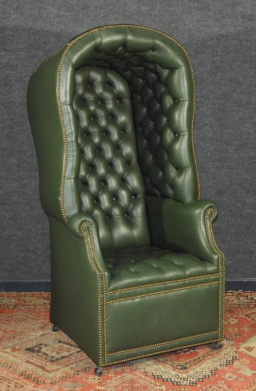 Appraisal: French Green Leather Porter's Hall Chair France th Century Hooded