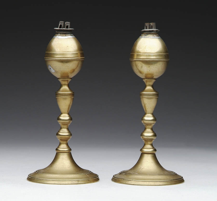 Appraisal: PAIR OF BRASS WHALE OIL LAMPS ATTRIBUTED TO WEBB OF