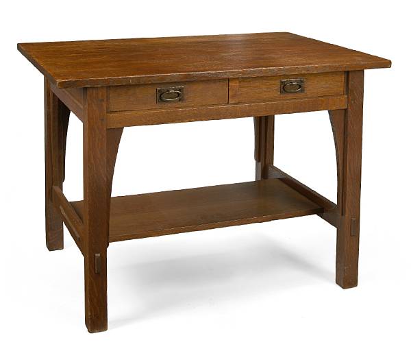 Appraisal: A Gustav Stickley oak library table model - has red