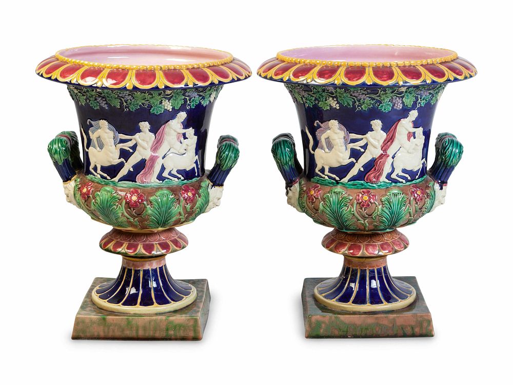 Appraisal: A Pair of Majolica Urns A Pair of Majolica Urns