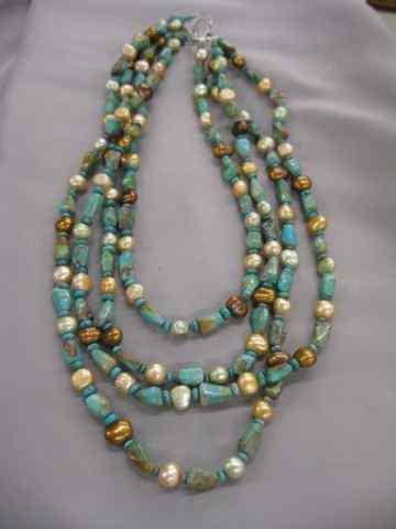 Appraisal: Turquoise Pearl Necklace triple strand multi-color pearls '' long