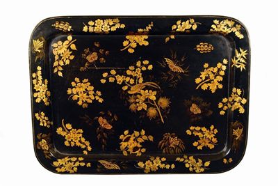 Appraisal: A late Regency papier-mache tray with gilt decoration of floral