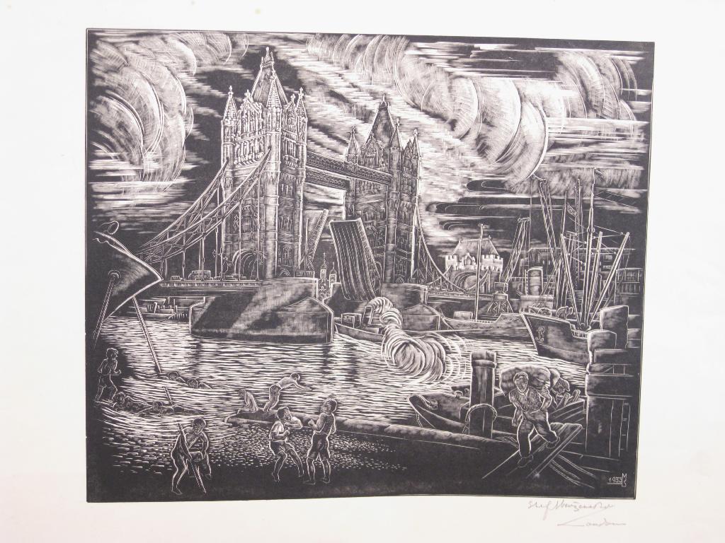 Appraisal: CONTINENTAL SCHOOL CIRCA Tower Bridge London woodcut pencil signed and