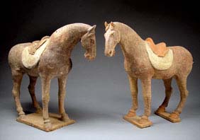 Appraisal: PAIR LARGE TANG POTTERY HORSES Pair very finely modeled large