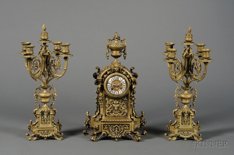 Appraisal: French Bronze Renaissance Revival Three Piece Clock Garniture late th