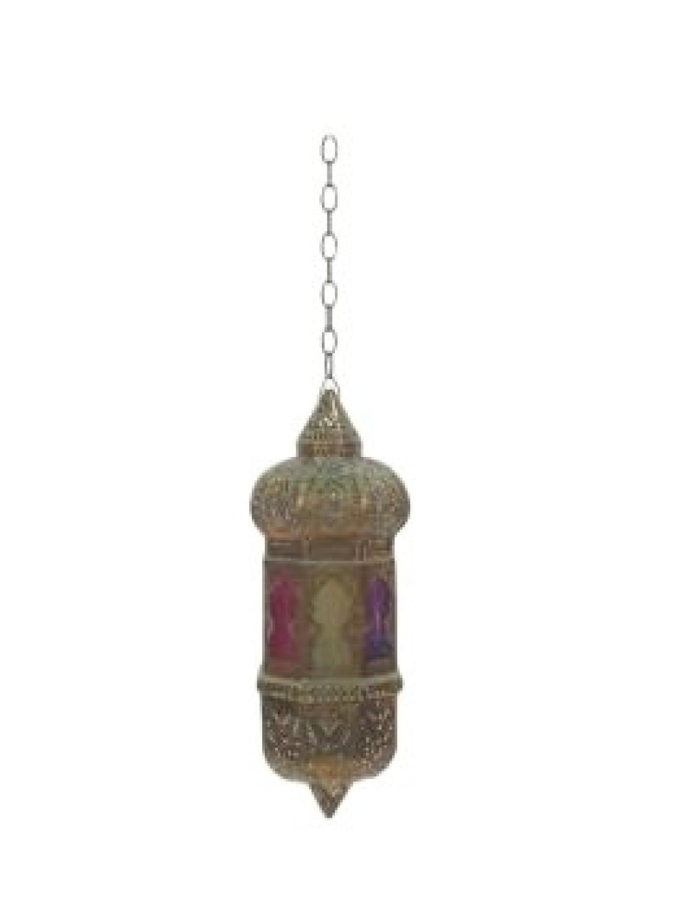 Appraisal: TURKISH PIERCED BRASS HANGING LANTERN WITH COLORED GLASS PANELS H