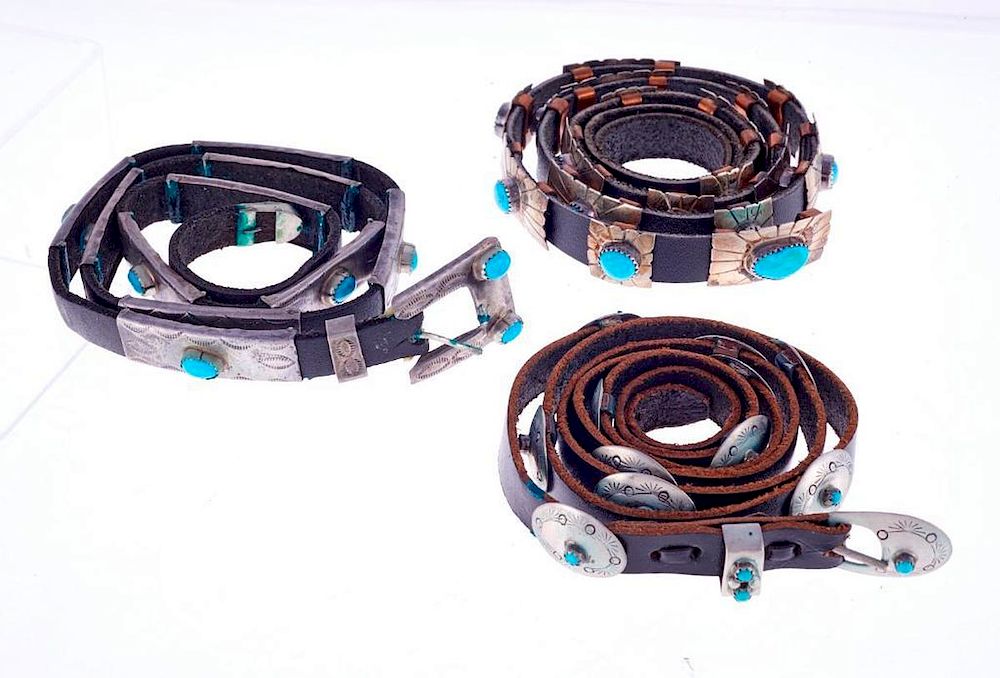 Appraisal: NAVAJO BELTS Three Old Pawn Navajo turquoise and silver concho