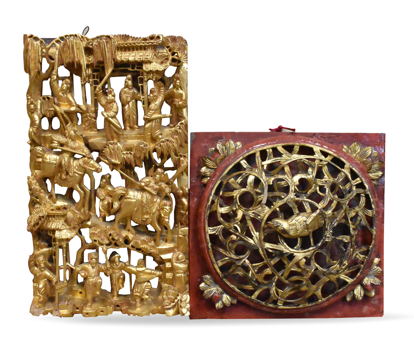 Appraisal: Two gilt lacquered wood panels with warriors and bird date