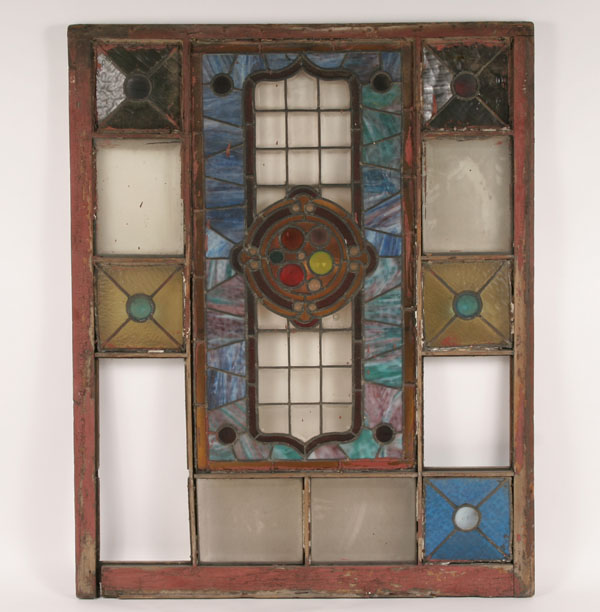 Appraisal: Victorian Aesthetic Movement twelve section stained glass window geometric central