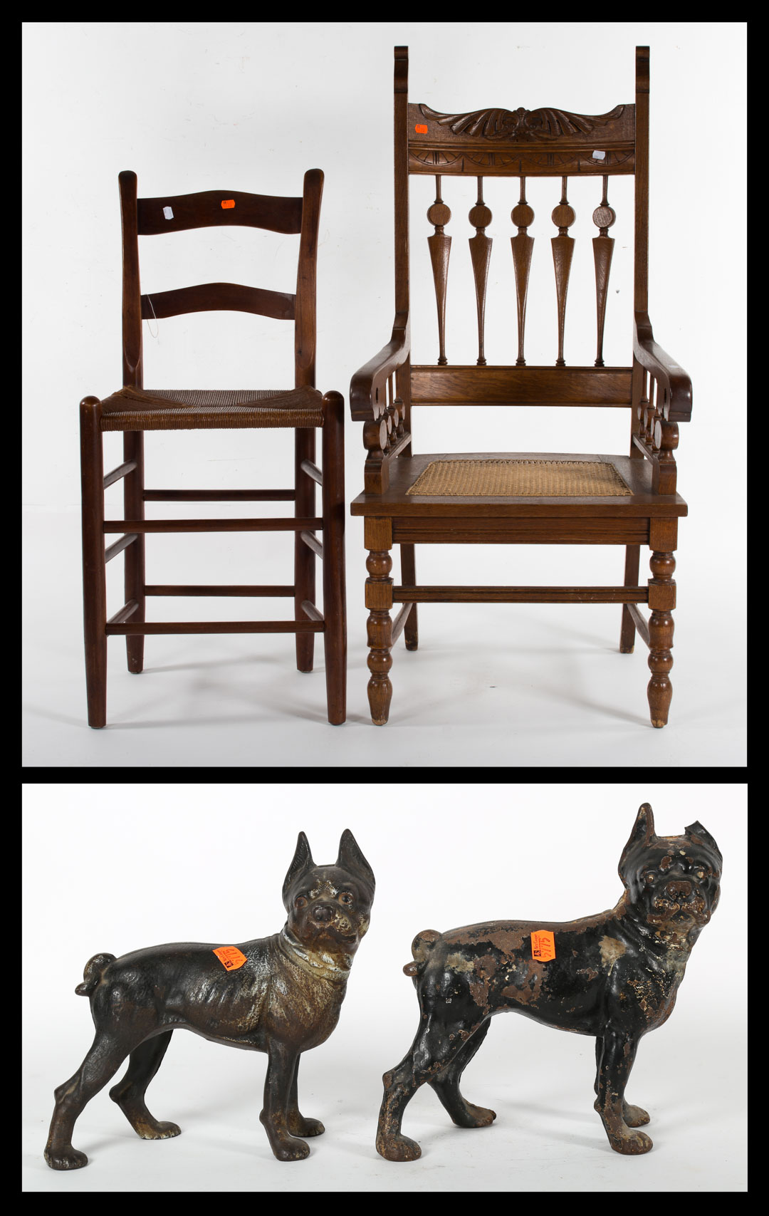 Appraisal: Two cast iron dog doorsteps and two chairs Undernumber