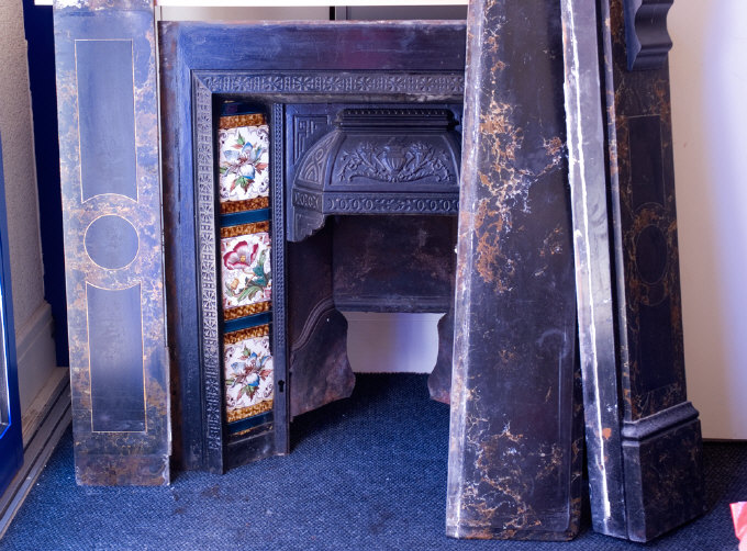 Appraisal: Black Slate Fire Surround With Cast Metal Insert With Floral