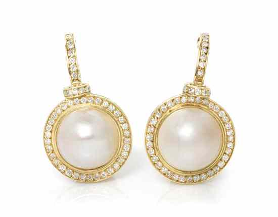 Appraisal: A Pair of Karat Yellow Gold Diamond and Mabe Pearl