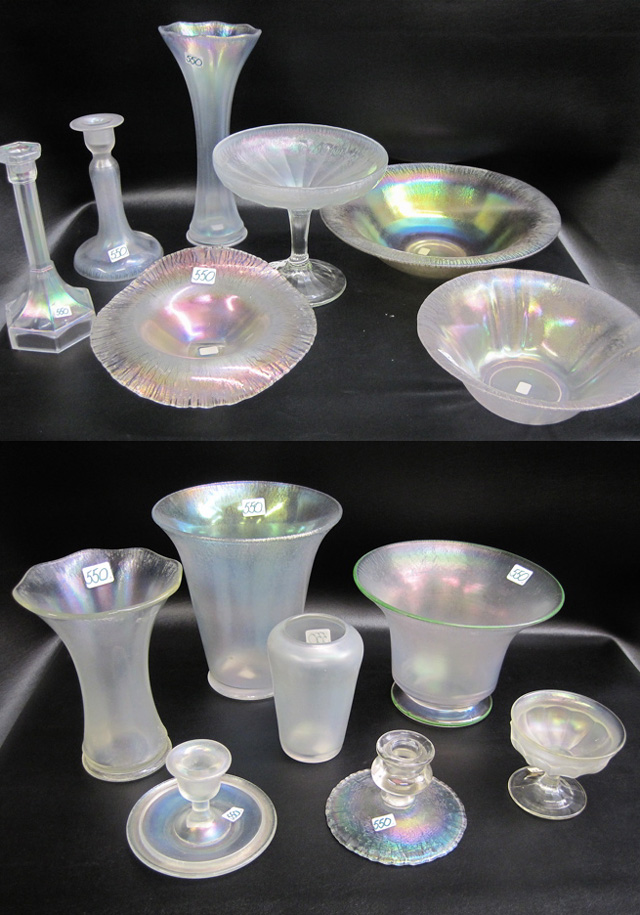 Appraisal: FOURTEEN PIECES CRYSTAL WHITE STRETCH GLASS bowls to D pedestal