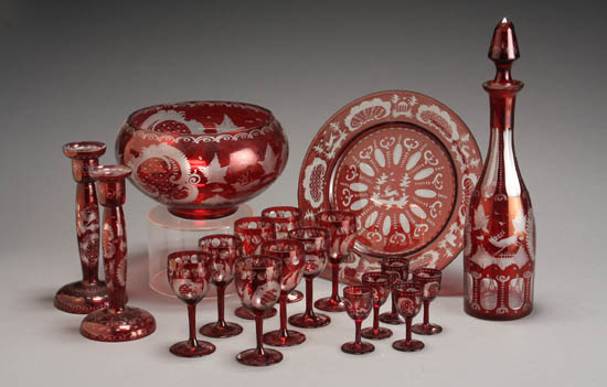 Appraisal: Group of Eighteen Bohemian Ruby Intaglio Cut Glass Table Articles