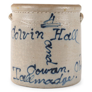 Appraisal: An Ohio Script Decorated Four Gallon Stoneware Crock American -