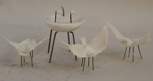 Appraisal: Three Small Birds and Space Form Wire Sculptures Ceramic on