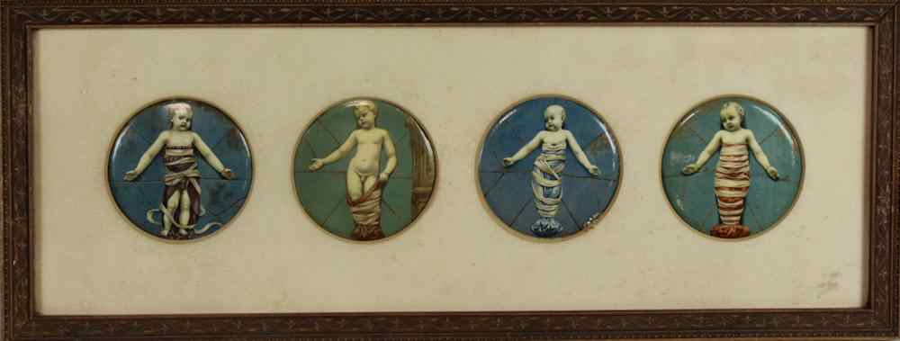 Appraisal: A PAIR OF FOUR FRAMED RONDELS OF THE CHRIST CHILD