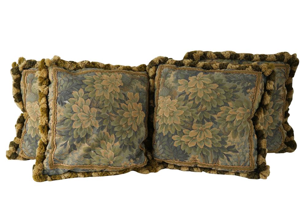 Appraisal: FOUR VERDURE TAPESTRY PILLOWSwith passementerie trim and down filling each