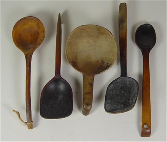 Appraisal: Five Wooden Scoops Spoons Circa various hard woods Cracks chips