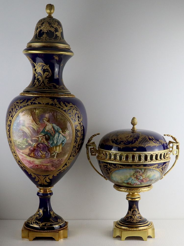 Appraisal: Two Large Signed Sevres Cobalt Blue Lidded Vessels Includes an