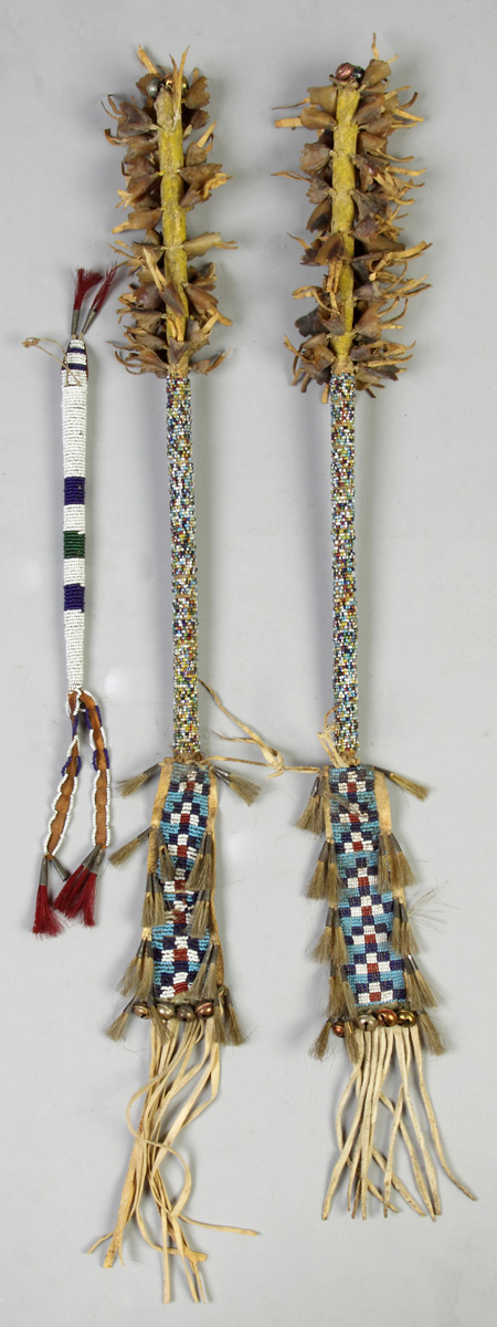 Appraisal: Beaded Awl Case Ceremonial Rattles Awl case w tin cones