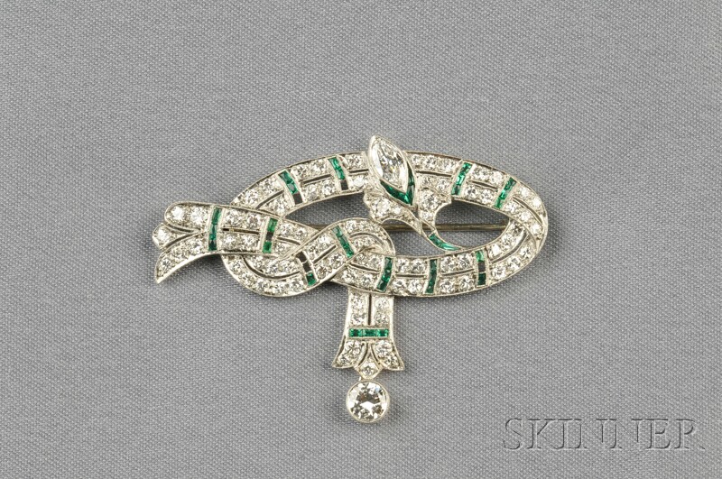 Appraisal: Art Deco Platinum Emerald and Diamond Brooch designed as a