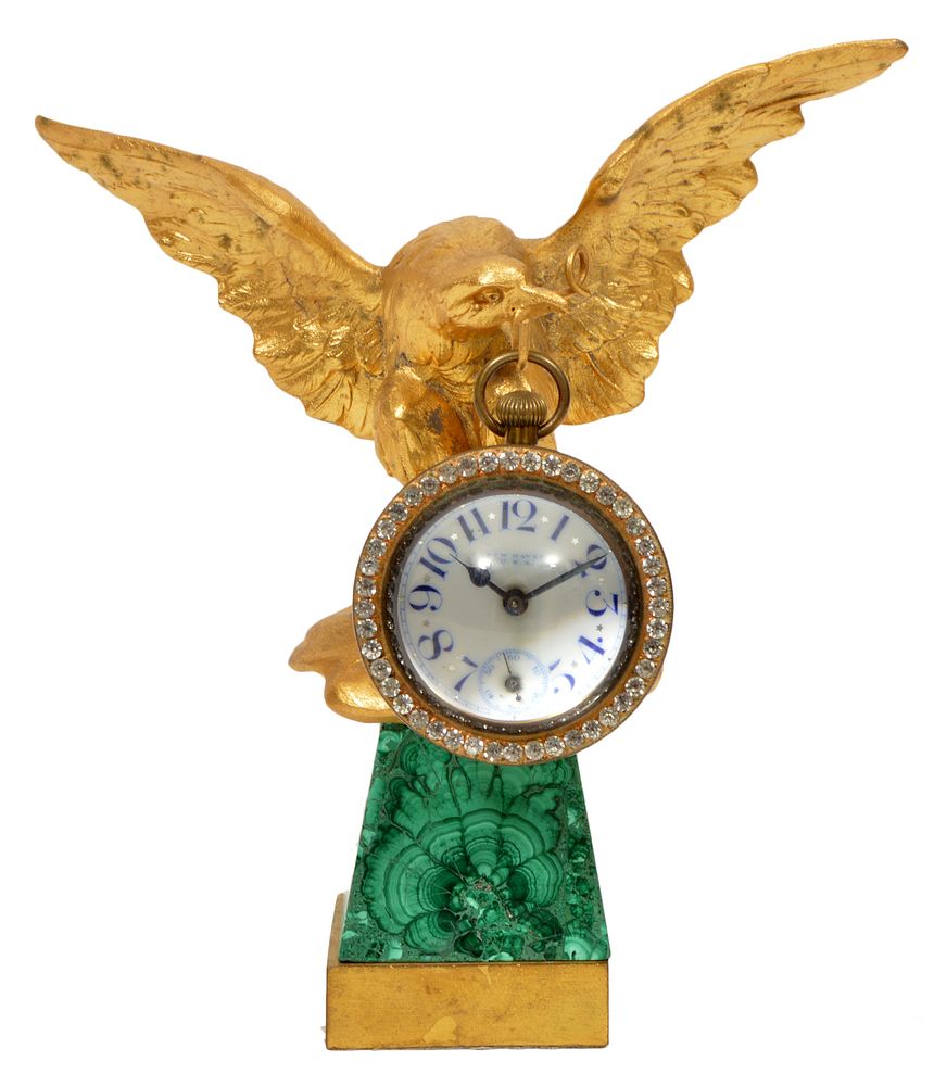 Appraisal: th Ct Malachite Dore Bronze Eagle Desk Clock Dore gilt