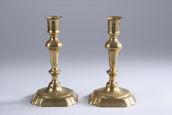 Appraisal: PAIR ENGLISH BRASS CANDLESTICKS Circa Raised octagonal base baluster stem