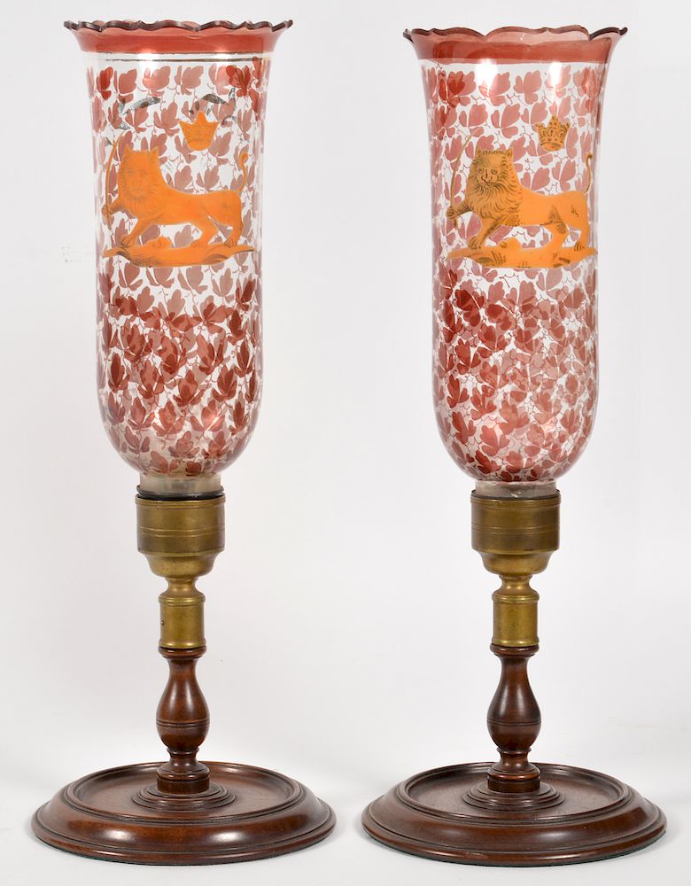 Appraisal: Pr Persian Painted Hurricane Glass Candelabras Pair of hand painted