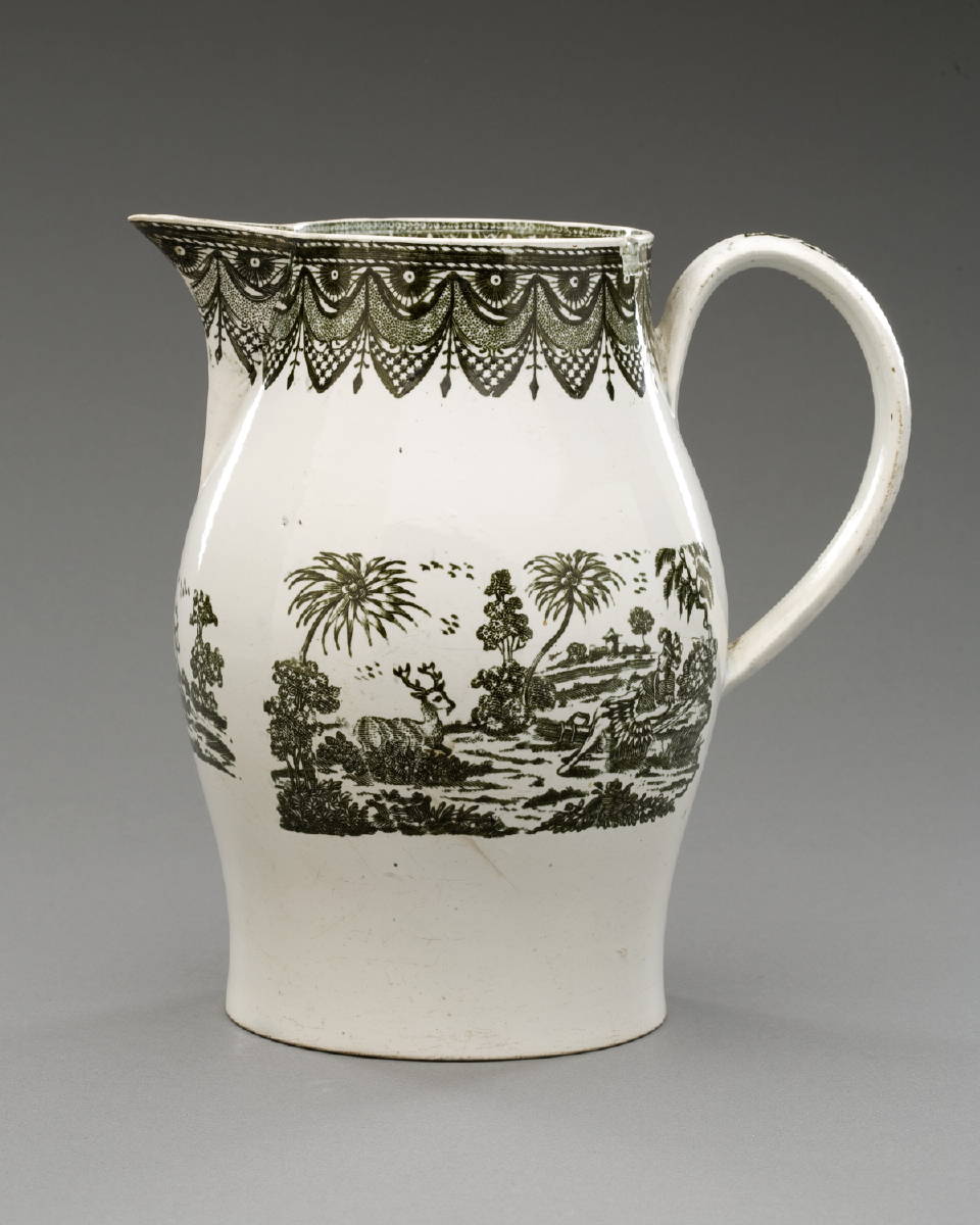 Appraisal: ENGLISH PEARLWARE GREEN TRANSFER-PRINTED JUG STAFFORDSHIRE CIRCA - Printed on