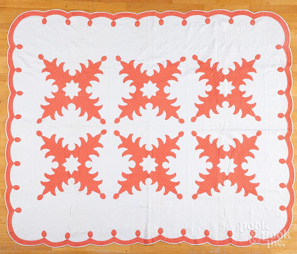 Appraisal: White and salmon appliqu quilt ca White and salmon appliqu