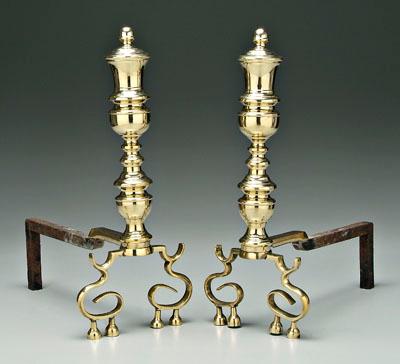 Appraisal: Pair classical brass andirons spur arches with funnel shaped feet