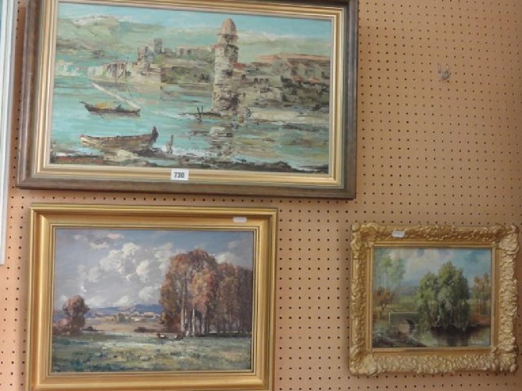 Appraisal: An oil painting on canvas of a harbour scene with