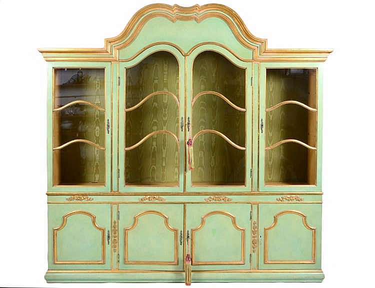 Appraisal: ITALIAN BAROQUE STYLE PARCEL GILT GREEN PAINTED CABINETIn two parts