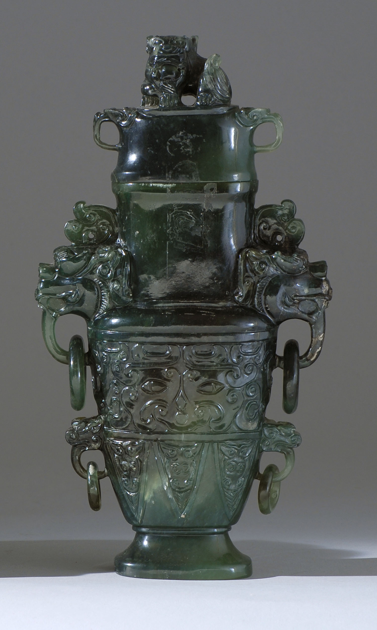 Appraisal: GREEN QUARTZ COVERED VASE th CenturyIn temple jar form with