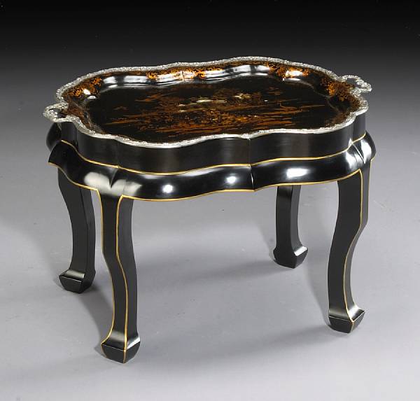 Appraisal: A late Regency polychrome decorated silver mounted t le tray