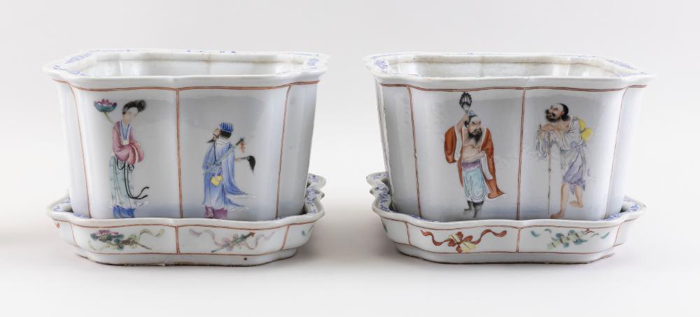 Appraisal: PAIR OF CHINESE PORCELAIN SQUARE JARDINIERES WITH UNDERTRAYS REPUBLIC PERIOD