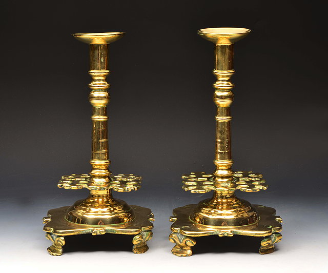 Appraisal: A PAIR OF ANTIQUE COPPER ALLOY CANDLESTICKS of turned form