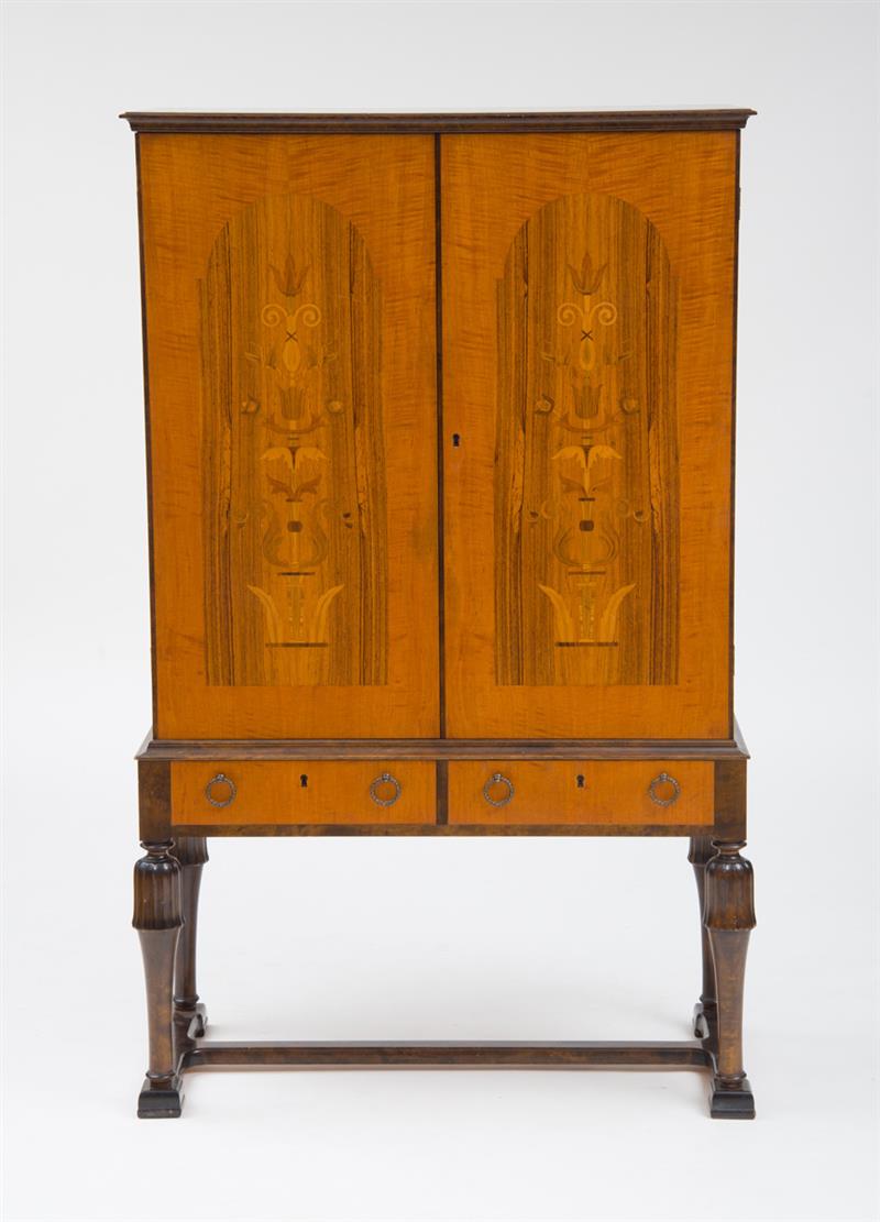 Appraisal: CABINET ON STAND C Marquetry and stained birch Swedish x