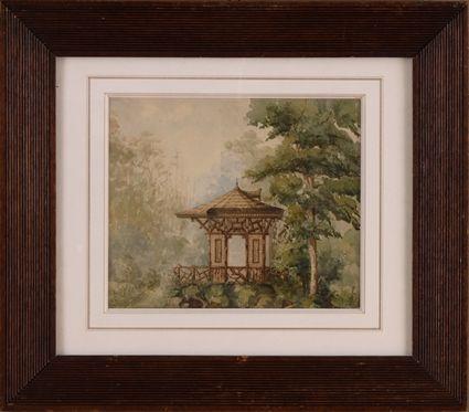 Appraisal: A PEAN RUSTIC PAVILION IN THE WOODS Watercolor signed in