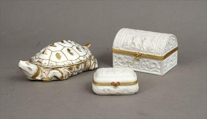 Appraisal: Two French Gilt-Brass Mounted Biscuit Porcelain Covered Boxes Together with