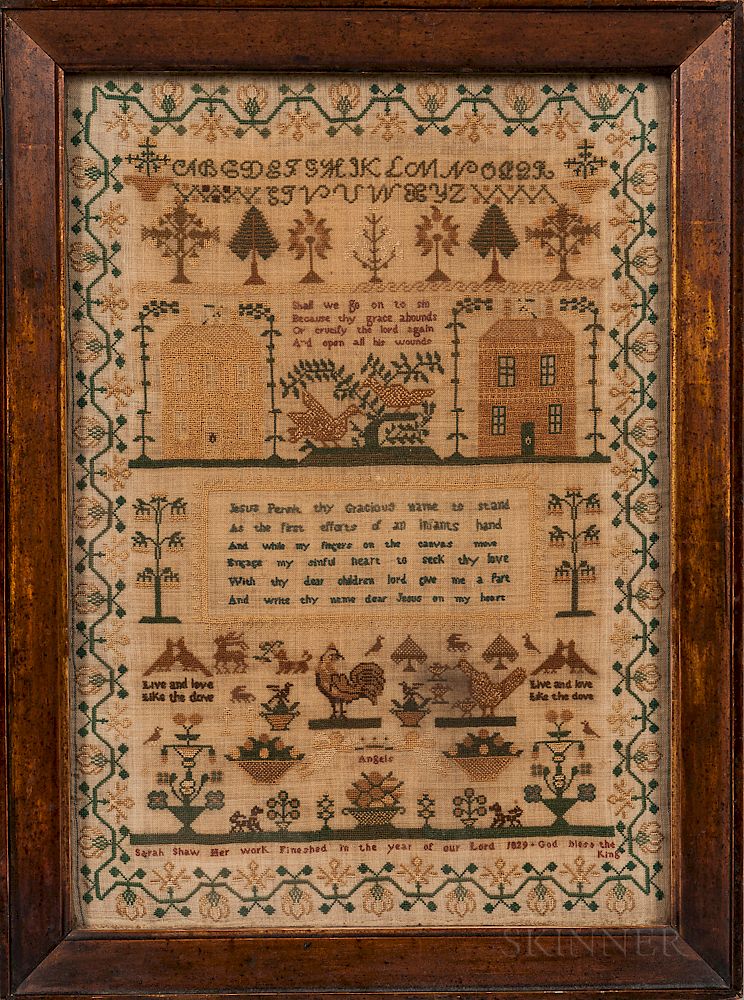 Appraisal: Sarah Shaw Needlework Sampler Sarah Shaw Needlework Sampler England dated