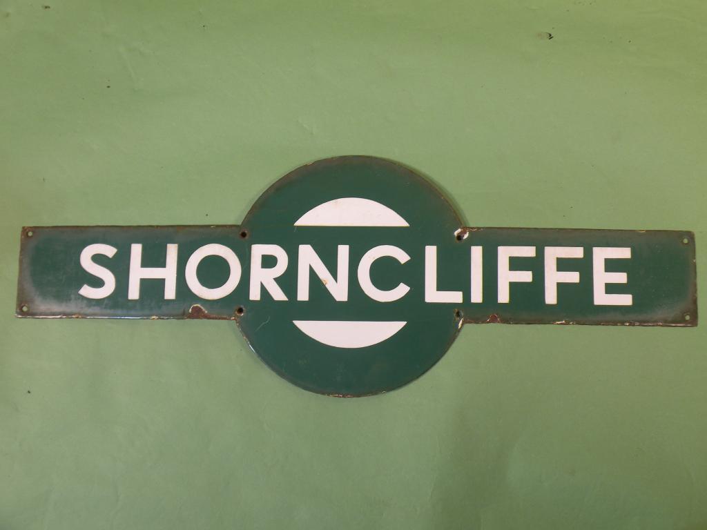 Appraisal: An enamel railway station sign 'Shorncliffe' with white lettering on