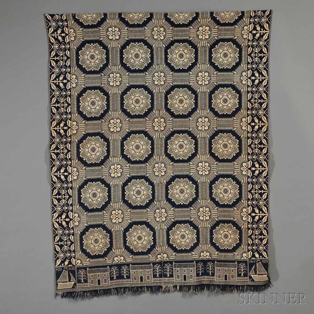 Appraisal: Woven Wool and Cotton Coverlet with Sailboat Corner Blocks Gilmour