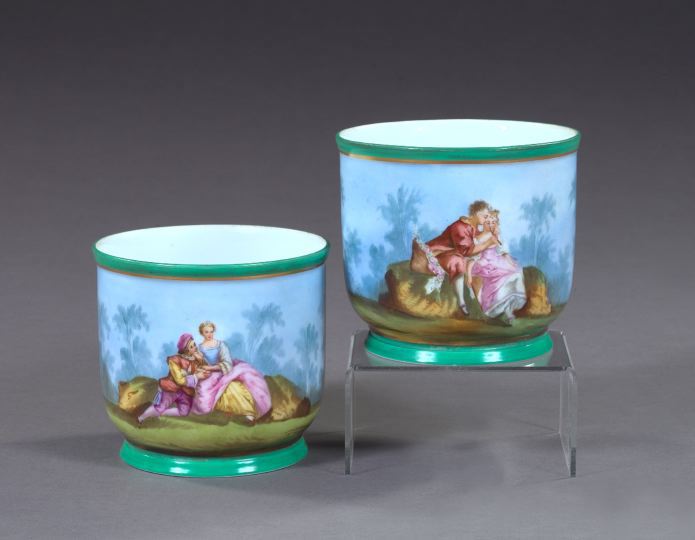 Appraisal: Pair of French Polychromed Porcelain Cachepots fourth quarter th century