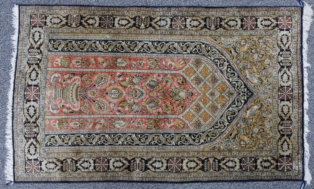 Appraisal: Turkish silk and wool hand tied Hereke pictorial prayer rug